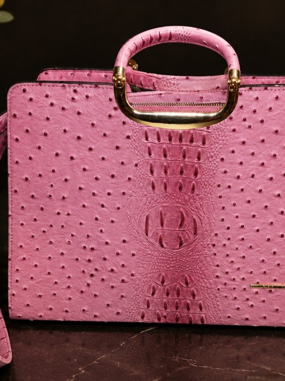 Dasein Structured Pink Faux Ostrich & Crocodile Embossed Satchel Handbag